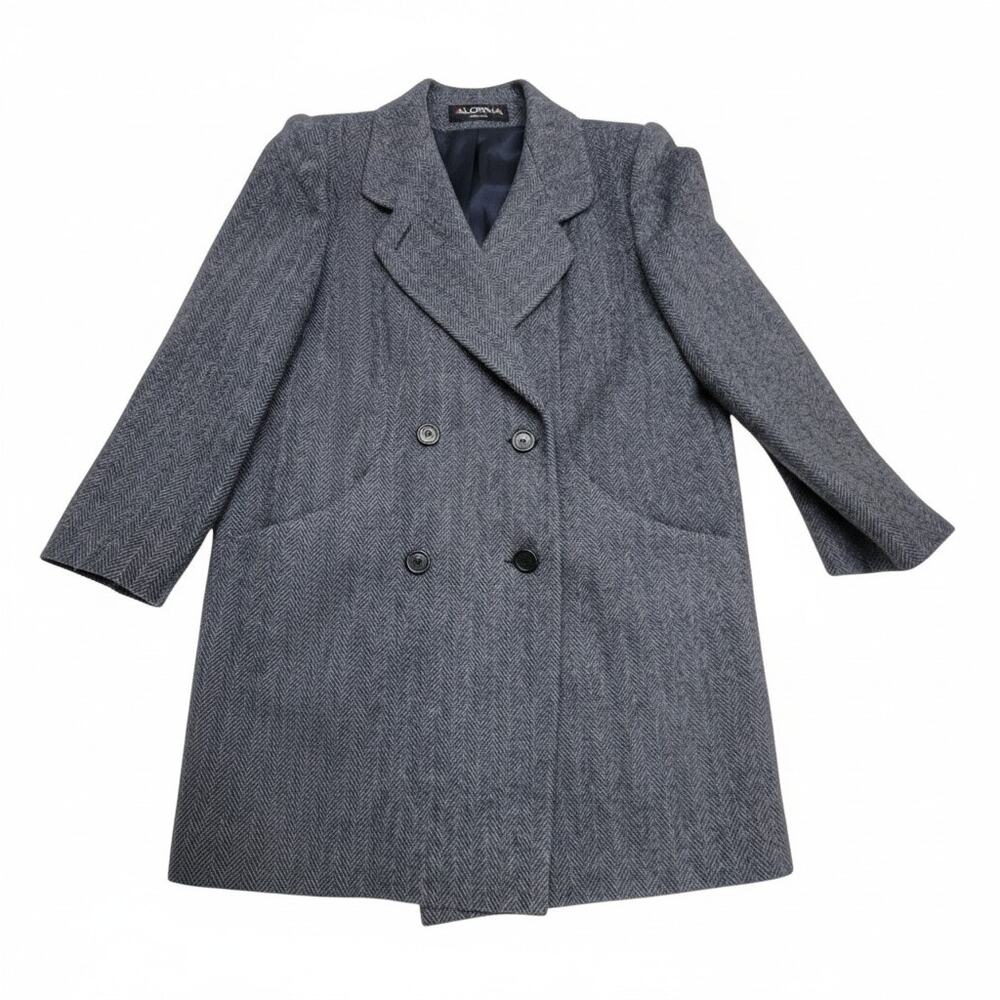 Vintage Alorna Wool Herringbone Tweed Coat Womens Gray Double Breasted USA